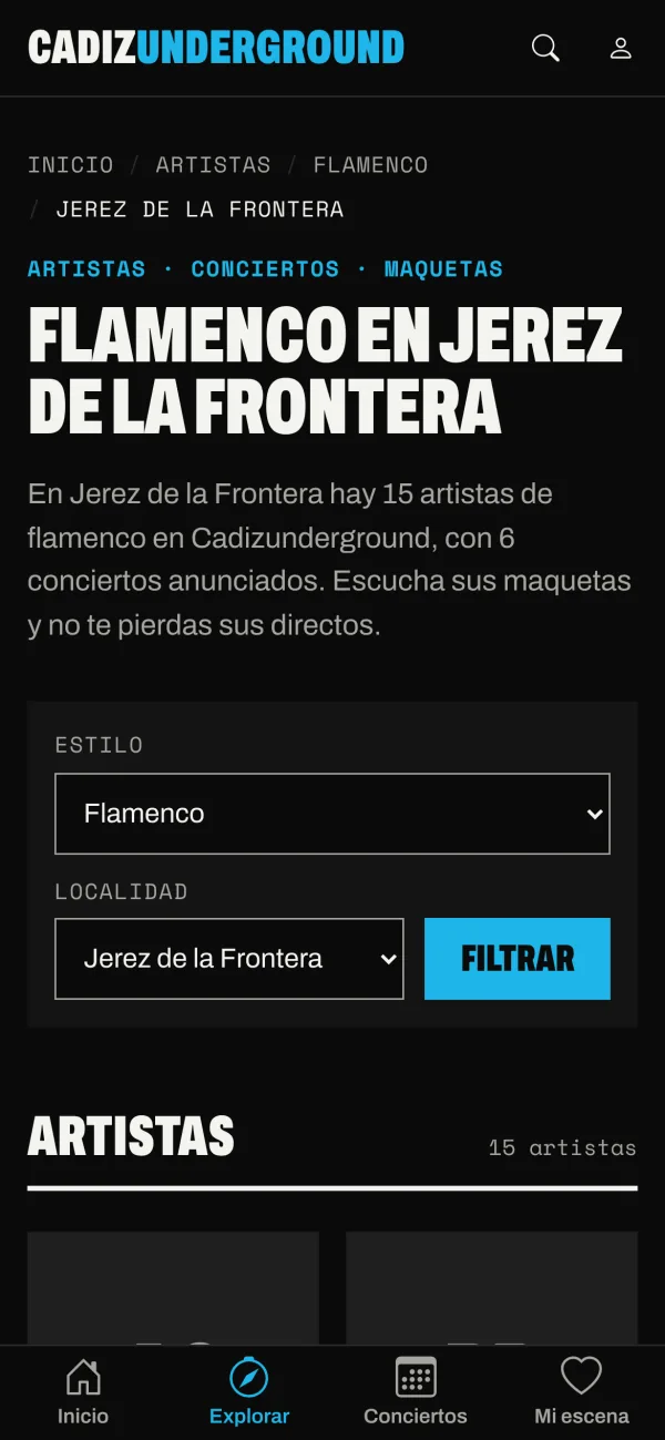 Captura de la página de flamenco en Jerez de la Frontera de Cadizunderground en el móvil