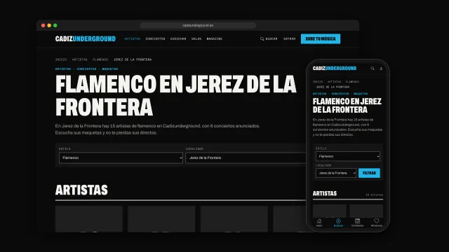 La página de flamenco en Jerez de la Frontera de Cadizunderground en un portátil y un móvil